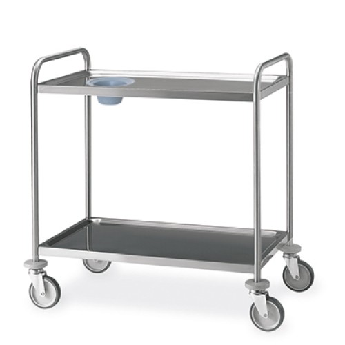 Carrello inox, 2 piani stampati cm 80x50, svuotarifiuti