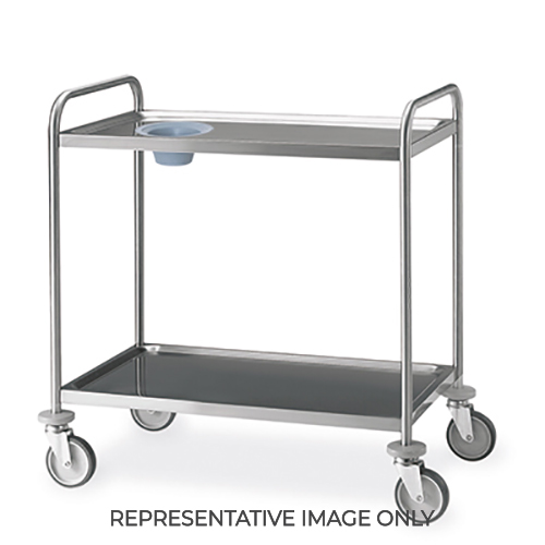 Carrello inox, 2 piani stampati cm 80x50, svuotarifiuti, 2 ruote frenate