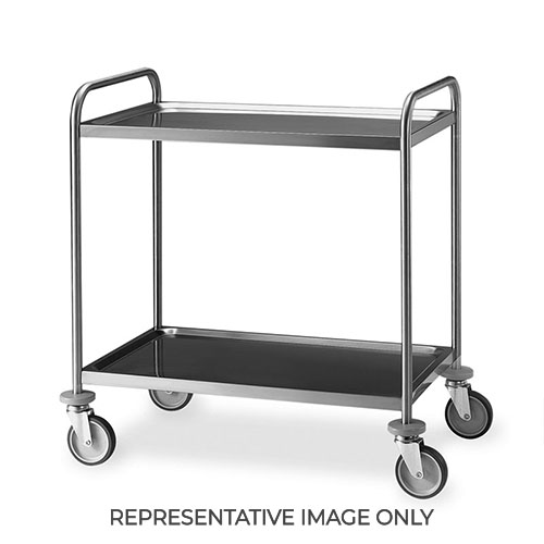 Carrello inox saldato, 2 piani stampati cm 80x50, svuotarifiuti, ruote elastiche, 2 frenate