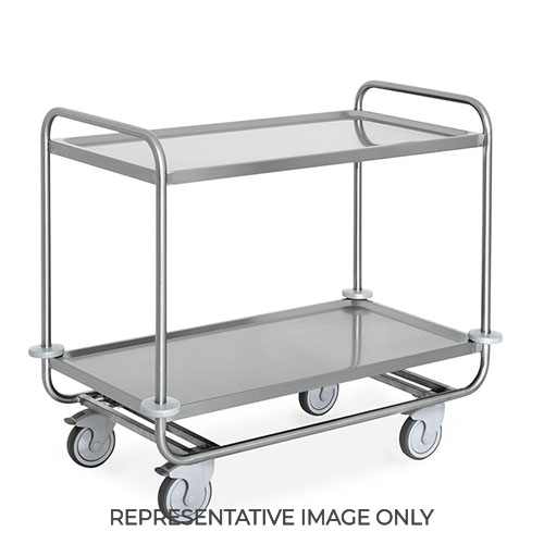 Carrello inox portata 200 kg, 2 piani stampati cm 100x50, svuotarifiuti, ruote elastiche, 2 frenate