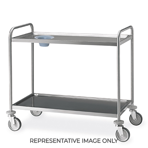 Carrello inox, 2 piani stampati cm 100x60, svuotarifiuti, ruote elastiche, 2 frenate