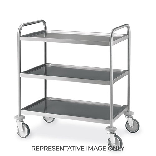 Carrello inox, 3 piani stampati cm 80x50, svuotarifiuti, ruote elastiche, 2 frenate