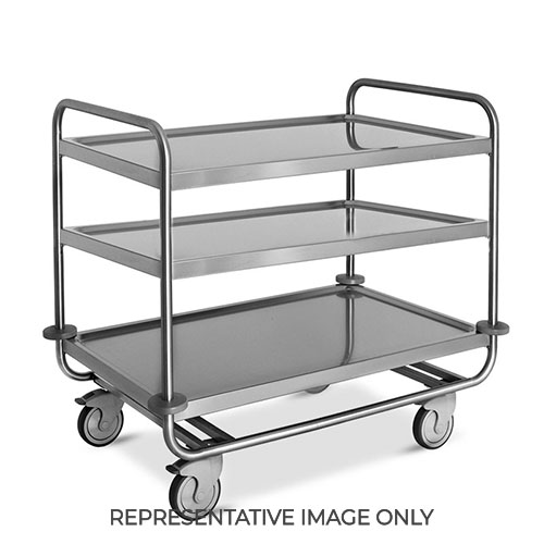 Carrello inox portata 200 kg, 3 piani stampati cm 80x50, svuotarifiuti