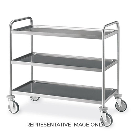 Carrello inox saldato, 3 piani stampati cm 100x60, svuotarifiuti, 2 ruote frenate