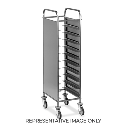 Carrello portavassoi, pannelli laterali inox, portata 10 vassoi GN, ruote elastiche, frenate