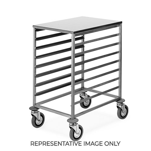 Carrello portateglie 8x60x40, guide a "L", piano superiore inox, 2 ruote frenate